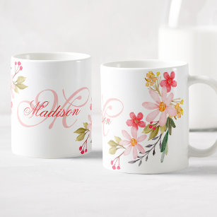 Pretty Pink Watercolor Floral Custom Monogrammed Coffee Mug