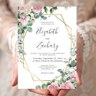 Pretty Pink Watercolor Floral Gold Frame Wedding Invitation