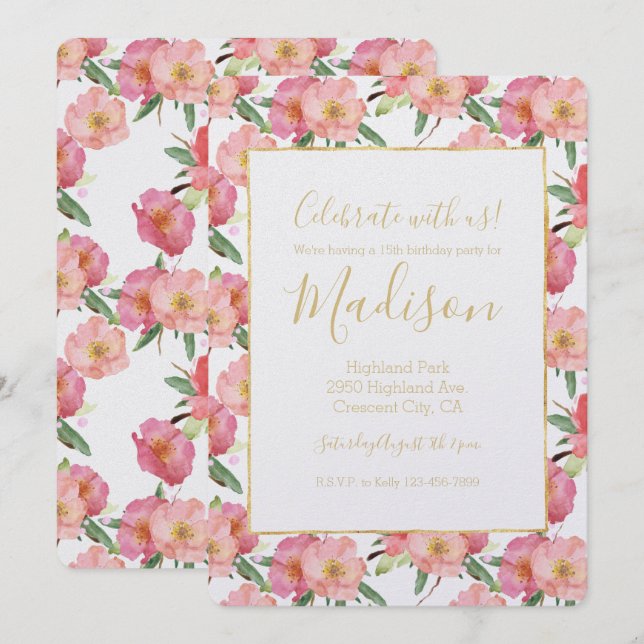 Pretty Pink Watercolor Floral Invitation (Front/Back)