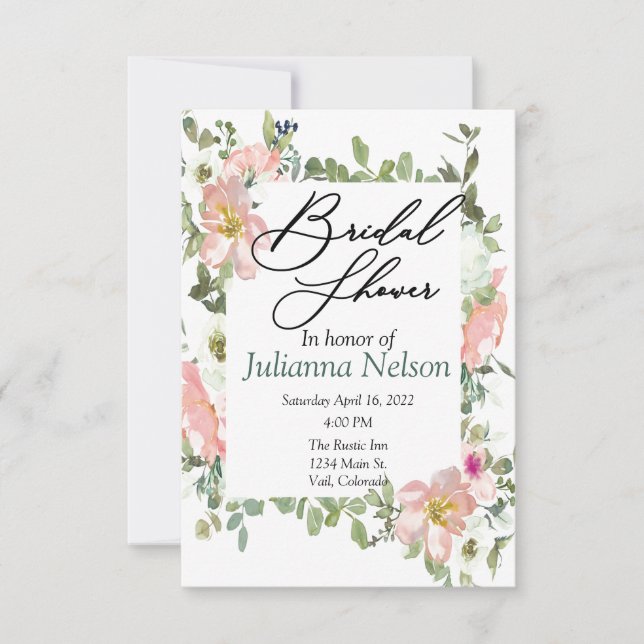 Pretty pink watercolor floral  invitation (Front)