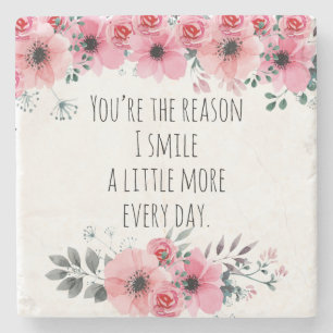 Pretty Pink Watercolor Floral Love Typography Stone Coaster