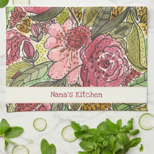 Pretty Pink Watercolor Floral Nana's Kitchen  Tea Towel (Folded)