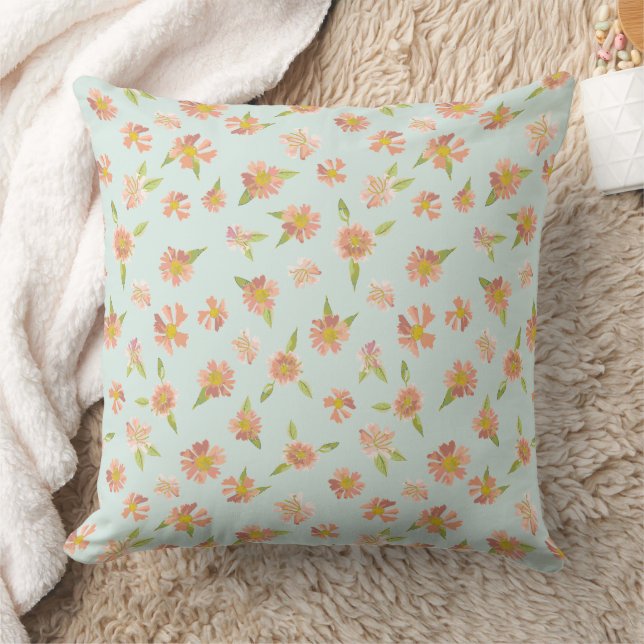 Pretty Pink Watercolor Floral Pattern Mint Green Cushion (Blanket)