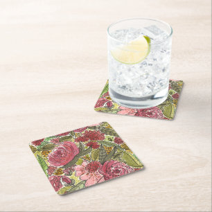Pretty Pink Watercolor Floral Spring Garden  Square Paper Coaster