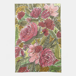 Pretty Pink Watercolor Floral Spring Garden Tea Towel