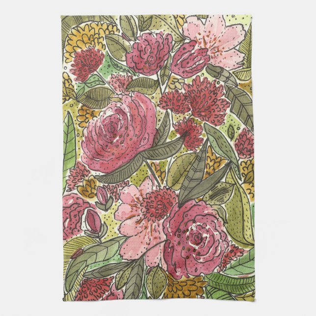 Pretty Pink Watercolor Floral Spring Garden Tea Towel (Vertical)