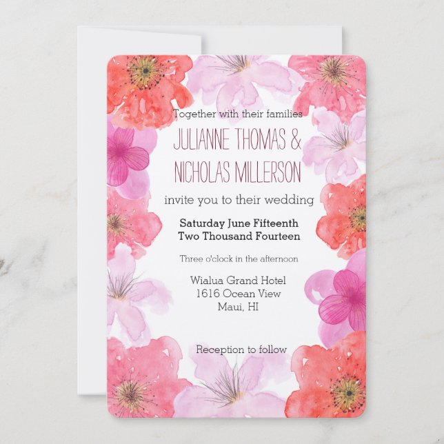 Pretty Pink Watercolor Floral Wedding Invitation (Front)