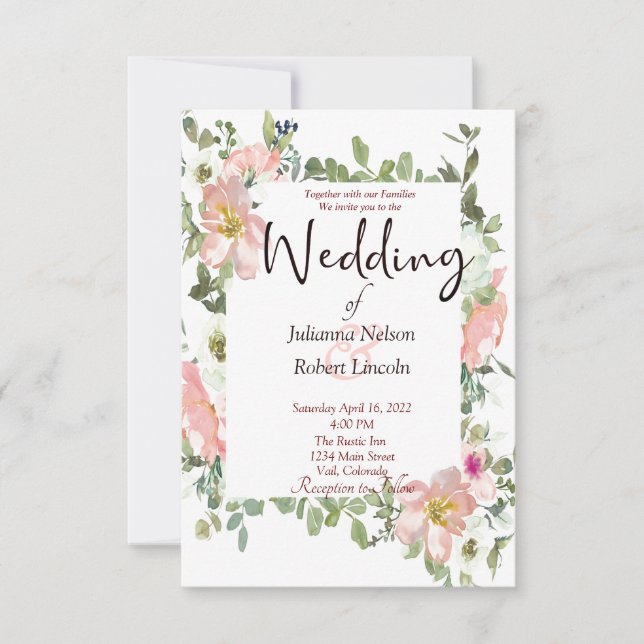 Pretty pink watercolor floral wedding invitation (Front)