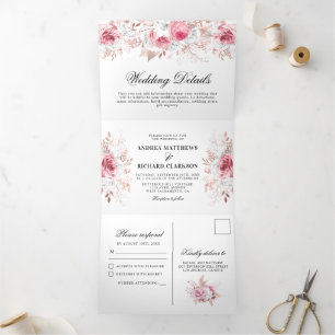 Pretty Pink Watercolor Floral Wedding Tri-Fold Invitation