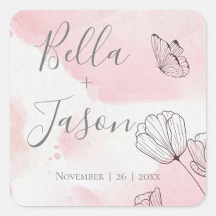 Pretty Pink Watercolor Flower Butterfly Wedding Square Sticker