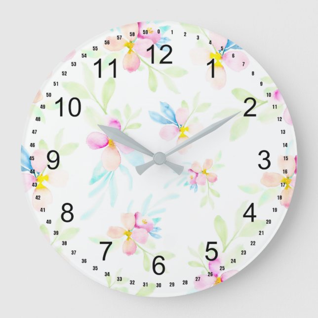 Pretty Pink Watercolor Flowers Large Clock (Front)