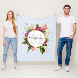 Pretty Pink Watercolor Flowers Monogram Fleece Blanket