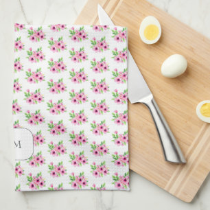 Pretty pink watercolor flowers monogrammed tea towel