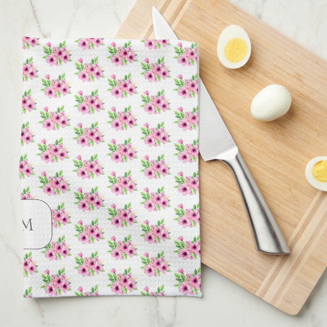 Pretty pink watercolor flowers monogrammed tea towel (Quarter Fold)