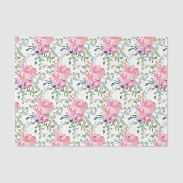 Pretty Pink Watercolor Flowers Tissue Paper (Front)