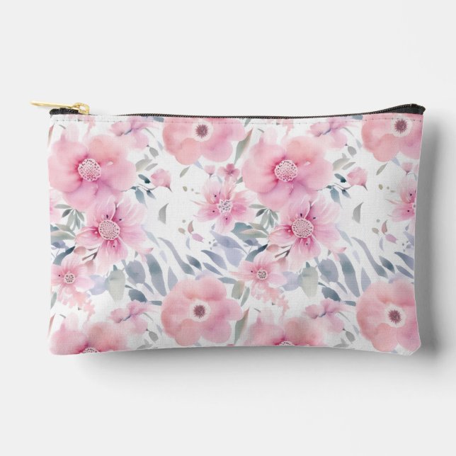 Pretty Pink Watercolor Flowers Toiletries Bag (Front)