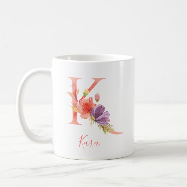 Pretty Pink Watercolor Letter "K" Coffee Mug (Left)