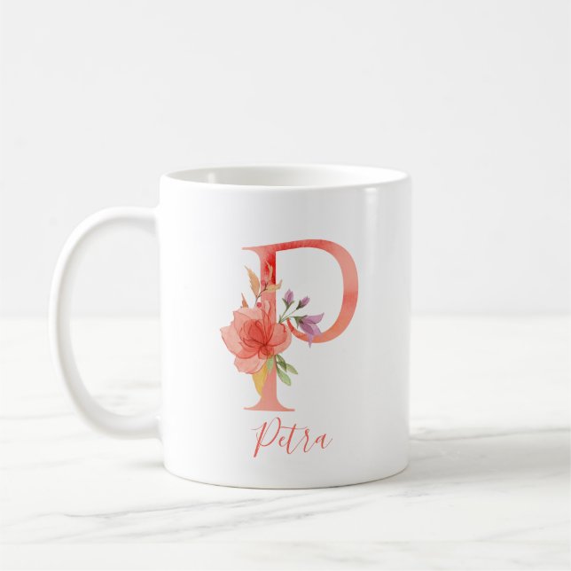 Pretty Pink Watercolor Letter "P" Coffee Mug (Left)