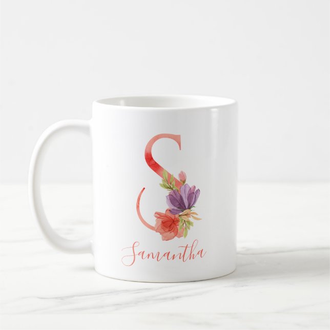 Pretty Pink Watercolor Letter "S" Coffee Mug (Left)