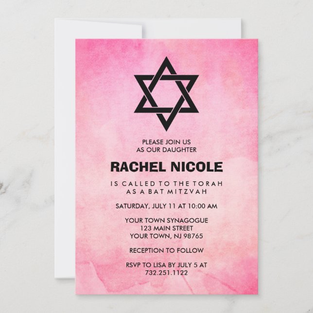 Pretty Pink Watercolor Look with Black Bat Mitzvah Invitation (Front)