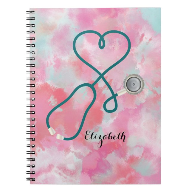 Pretty Pink Watercolor Medical Stethoscope Nurse Notebook (Front)