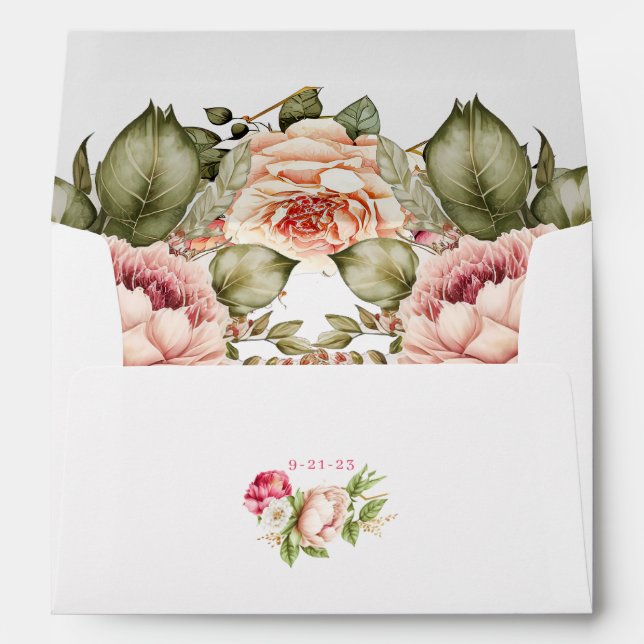 Pretty Pink Watercolor Peonies Wedding RSVP Envelope (Back (Bottom))