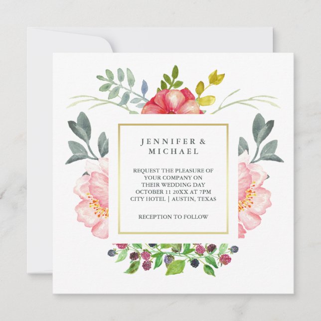 Pretty Pink Watercolor Peonies with Gold Wedding Invitation (Front)