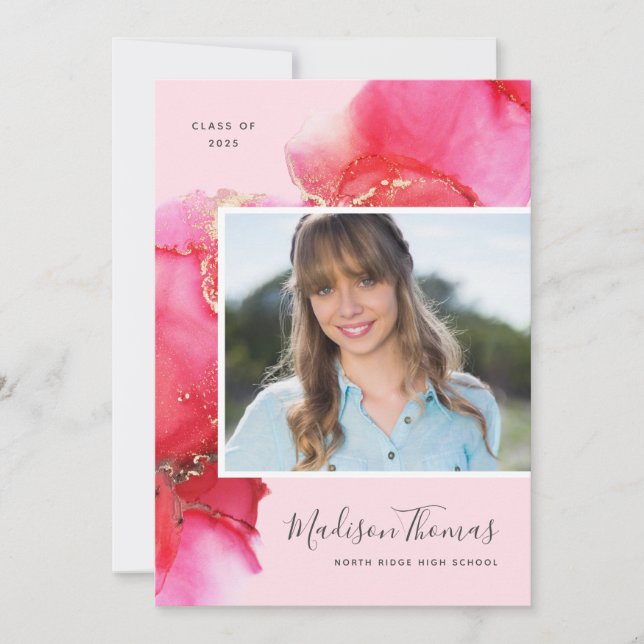 Pretty Pink Watercolor Photo Graduation Party Invitation (Front)