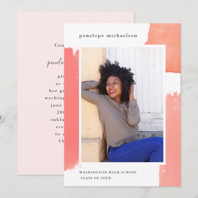 Pretty Pink Watercolor Photo Graduation Party Invitation (Front/Back)