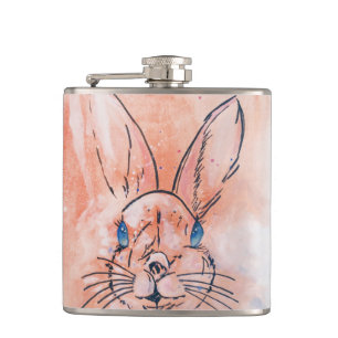Pretty  pink watercolor rabbit hand paint hip flask