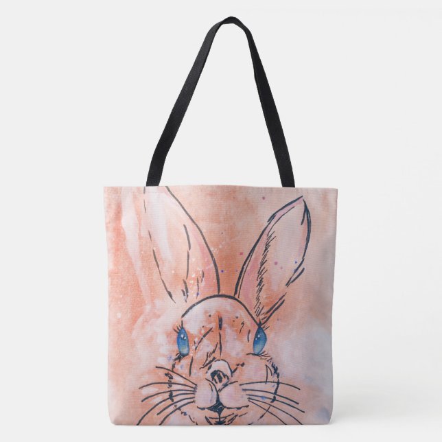 Pretty  pink watercolor rabbit hand paint tote bag (Front)