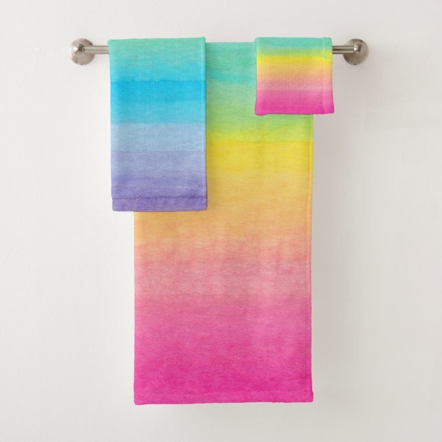 Pretty Pink Watercolor Rainbow Modern Bath Towel Set (Insitu)