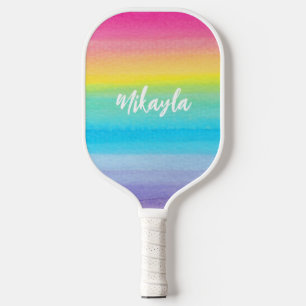 Pretty Pink Watercolor Rainbow Trendy Script Name Pickleball Paddle