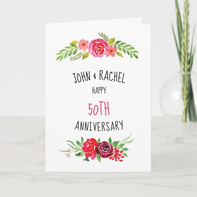 Pretty Pink Watercolor Rose Happy Anniversary Text Card (Front)