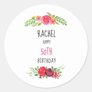 Pretty Pink Watercolor Rose Happy Birthday Text - Classic Round Sticker