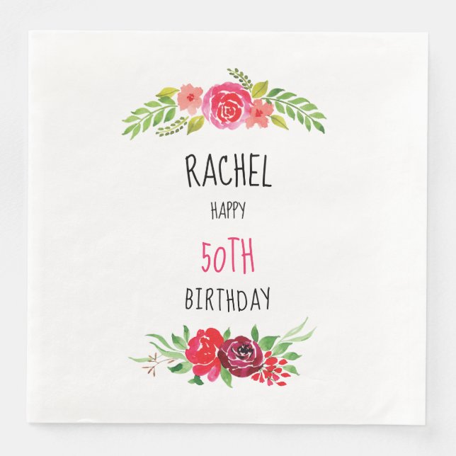 Pretty Pink Watercolor Rose Happy Birthday Text - Napkin (Front)