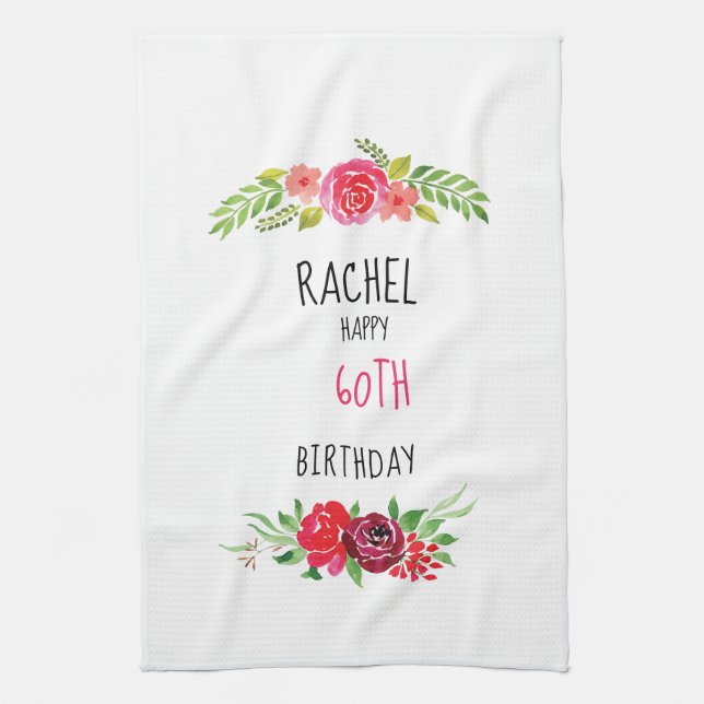 Pretty Pink Watercolor Rose Happy Birthday Text - Tea Towel (Vertical)