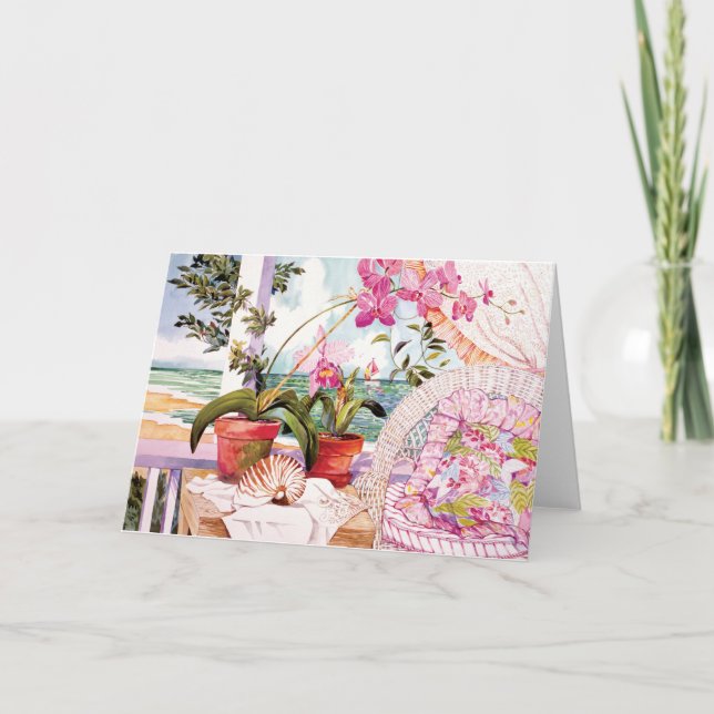 Pretty Pink Watercolor Seaside View Note Card (Front)