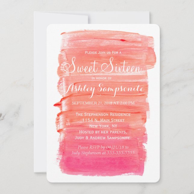 Pretty Pink Watercolor Sweet 16 Invitations (Front)