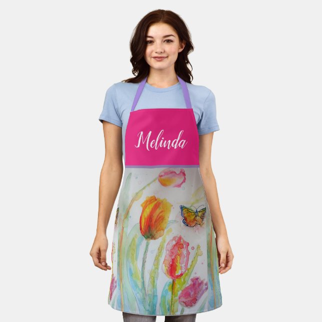 Pretty Pink Watercolor Tulip Tulips Womans Apron (Worn)