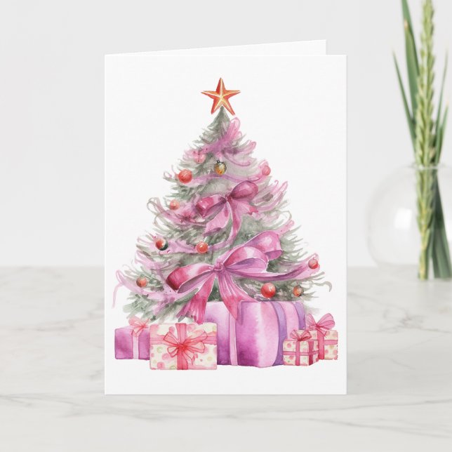 Pretty Pink Watercolor Xmas Tree Card (Front)