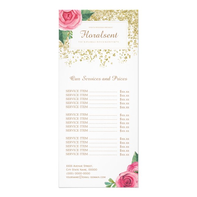 Pretty Pink Watercolour Roses Price List Rack Card (Front)