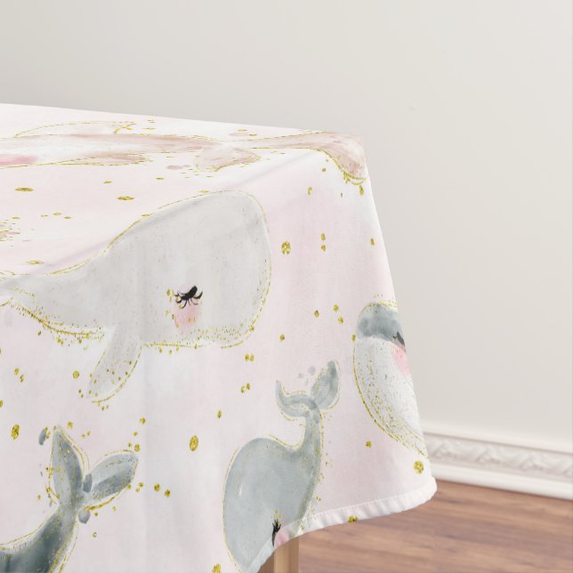 Pretty Pink Whale Dolphin Gold Glitter Baby Girl Tablecloth (In Situ)