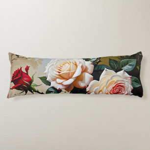 Pretty pink white and red roses oil painting body cushion