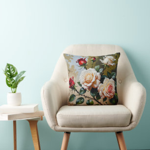 Pretty pink white and red roses oil painting cushion