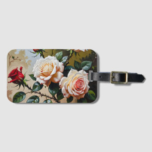 Pretty pink white and red roses oil painting luggage tag