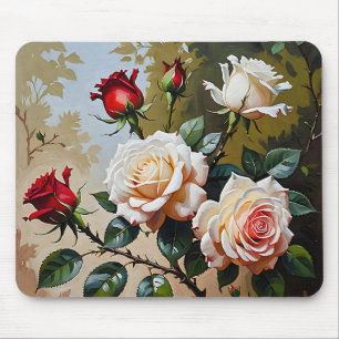 Pretty pink white and red roses oil painting mouse mat