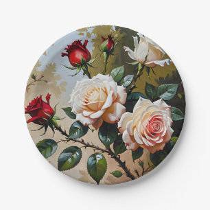 Pretty pink white and red roses oil painting paper plate