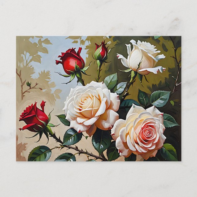 Pretty pink white and red roses oil painting postcard (Front)