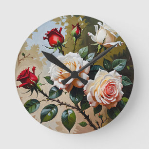 Pretty pink white and red roses oil painting round clock